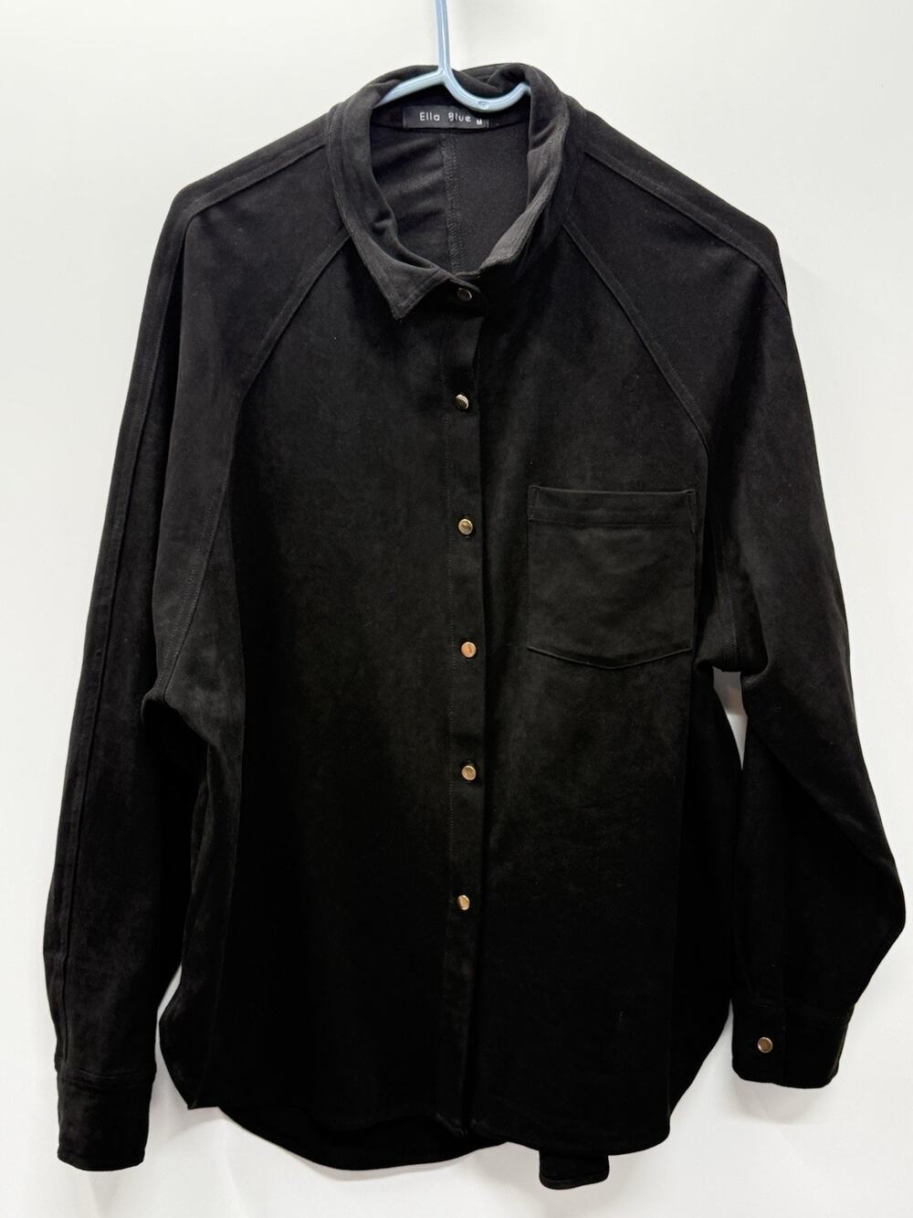 Ella Blue Faux Suede Shirt Jacket Black Button Front Stretch Shacket M